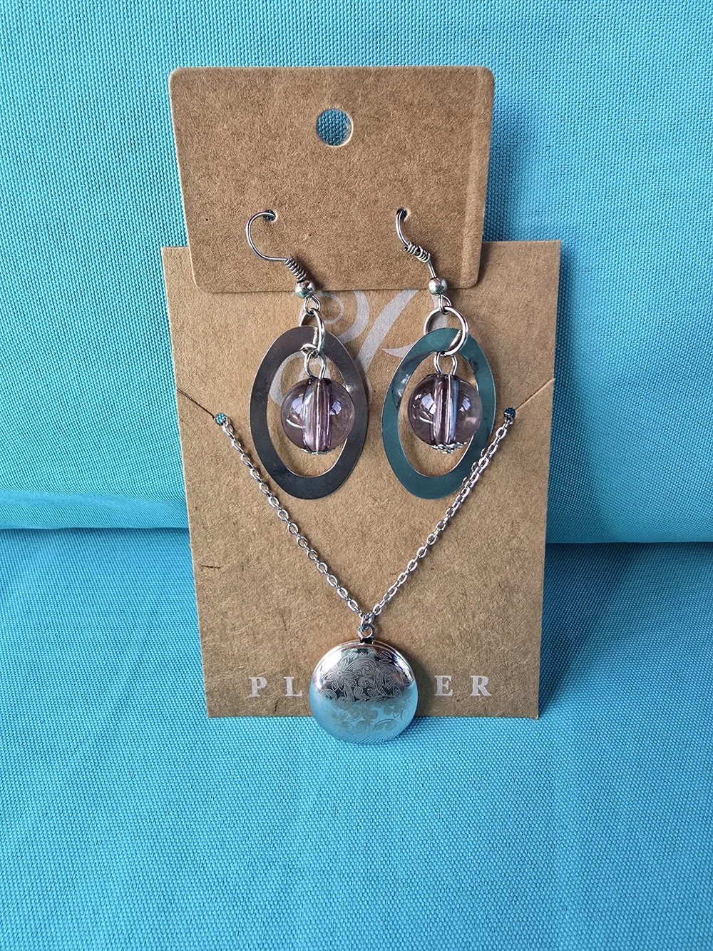 Plunder Silver Tone Locket Necklace with Purple Bead Hoop Earrings